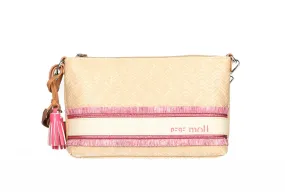 Bolso Rafia Beige Banda Borlas Fuxia Asa Colgar Cuero