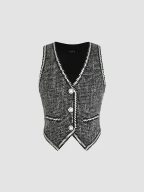  Chaleco Crop de Botón Sólido con Cuello en V de Tweed