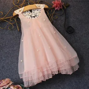 Design Cute Girls Princess Dress Sleeveless Lace Back Floral Design Beads Summer Casual Party Dresses Girls Clothes