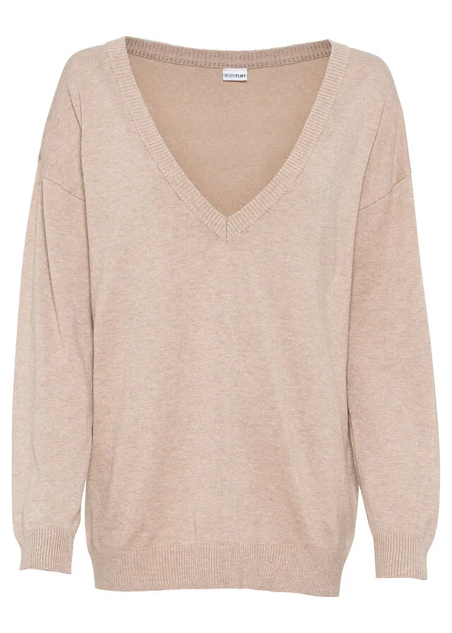 Jersey con cuello en V, oversize Beige jaspeado