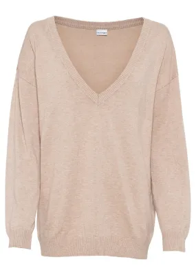 Jersey con cuello en V, oversize Beige jaspeado