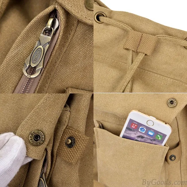 Retro Canvas School Rucksack Leisure Brown Khaki Student Outdoor Backpack