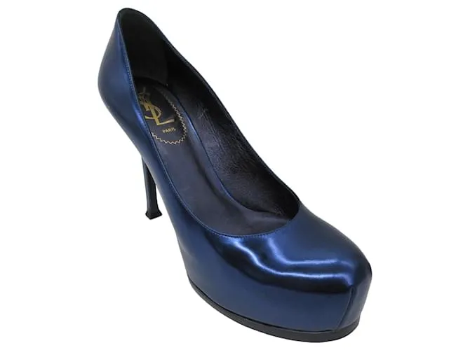 Yves Saint Laurent Tribtoo 80 de cuero metálico azul con plataforma 